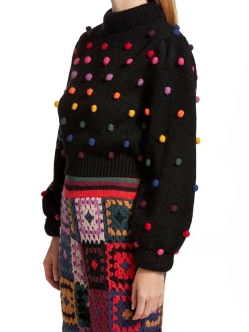 FARM Rio Rainbow Pom Blouson Sleeve Sweater Multicolor Small - Picture 3 of 8